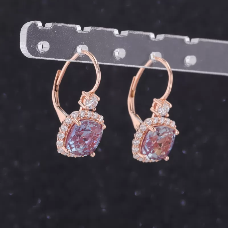 8×8mm Cushion Cut Moissanite & Lab Grown Sapphire & Lab Grown Alexandrite Sapphire 14K Gold Diamond Earrings