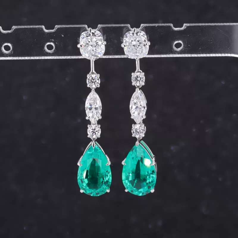 8×13mm Pear Cut Lab Grown Emerald 14K White Gold Diamond Earrings