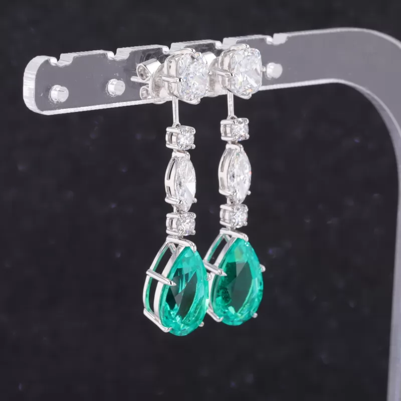 8×13mm Pear Cut Lab Grown Emerald 14K White Gold Diamond Earrings