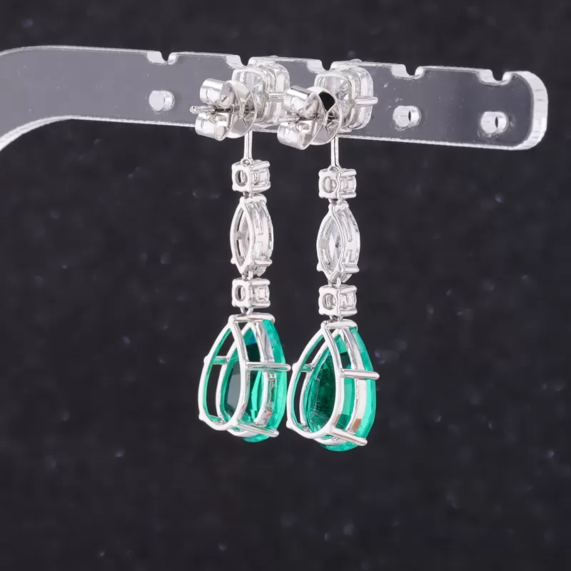 8×13mm Pear Cut Lab Grown Emerald 14K White Gold Diamond Earrings