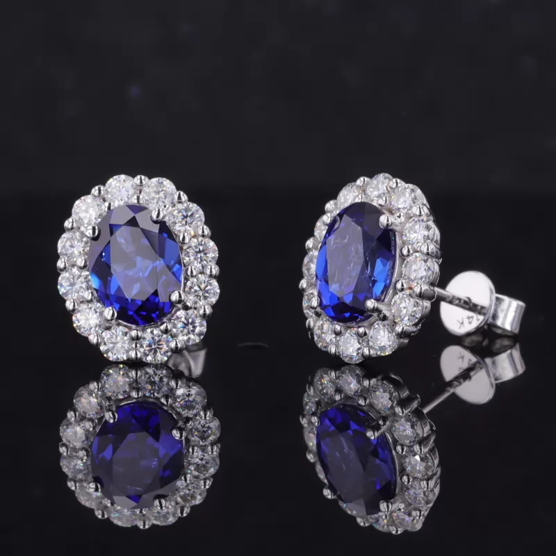 6×8mm Oval Cut Lab Grown Sapphire Halo Set 14K White Gold Diamond Stud Earrings