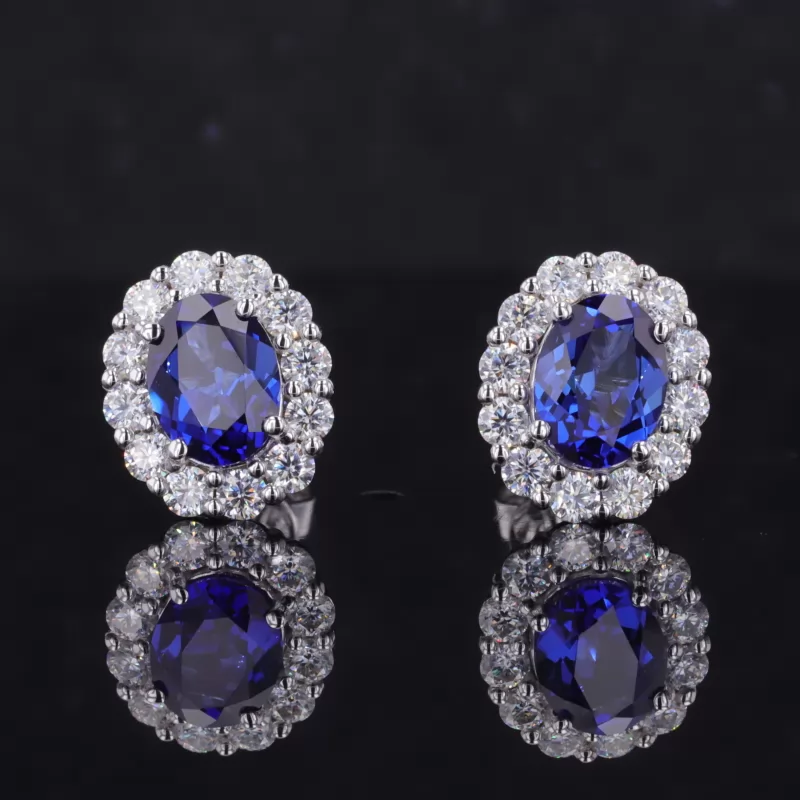 6×8mm Oval Cut Lab Grown Sapphire Halo Set 14K White Gold Diamond Stud Earrings