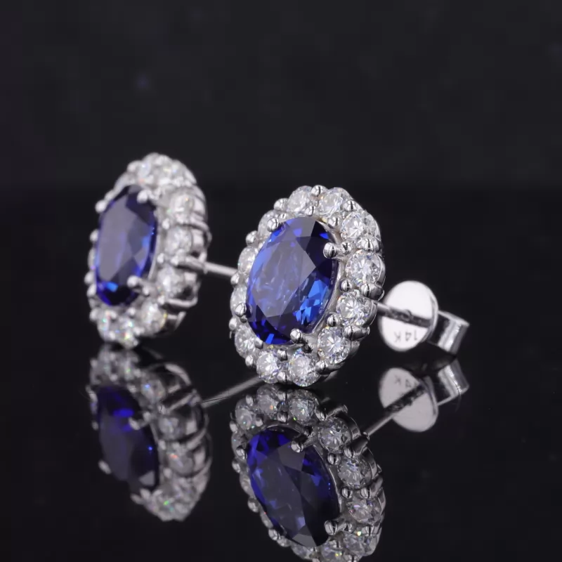 6×8mm Oval Cut Lab Grown Sapphire Halo Set 14K White Gold Diamond Stud Earrings