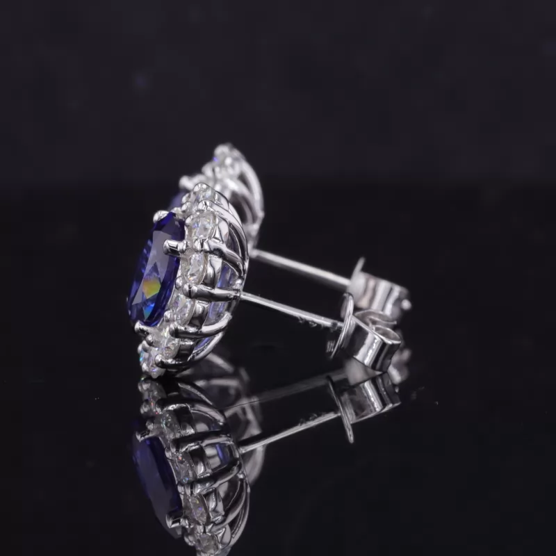 6×8mm Oval Cut Lab Grown Sapphire Halo Set 14K White Gold Diamond Stud Earrings