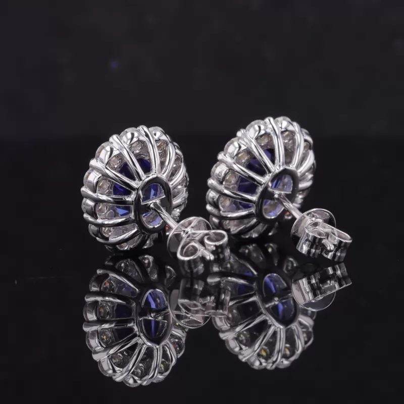 6×8mm Oval Cut Lab Grown Sapphire Halo Set 14K White Gold Diamond Stud Earrings