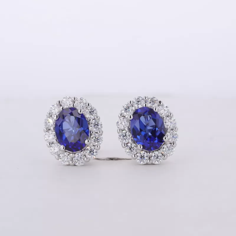 6×8mm Oval Cut Lab Grown Sapphire Halo Set 14K White Gold Diamond Stud Earrings