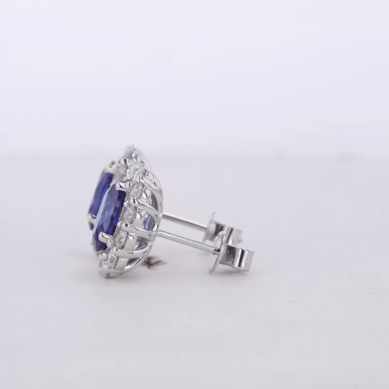 6×8mm Oval Cut Lab Grown Sapphire Halo Set 14K White Gold Diamond Stud Earrings