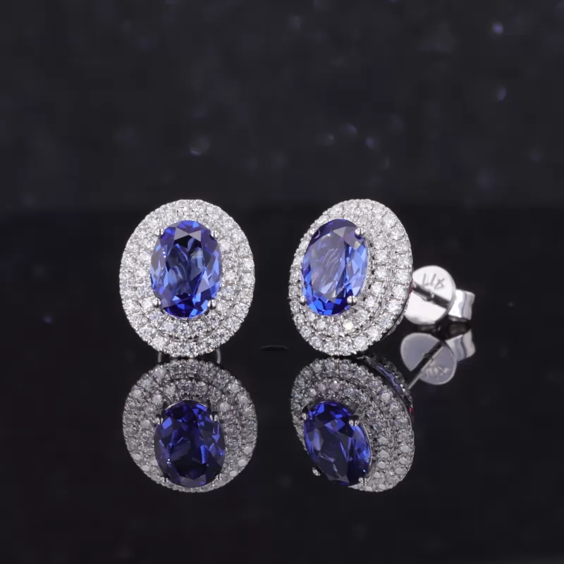 5×7mm Oval Cut Lab Grown Sapphire Halo Set 10K White Gold Diamond Stud Earrings