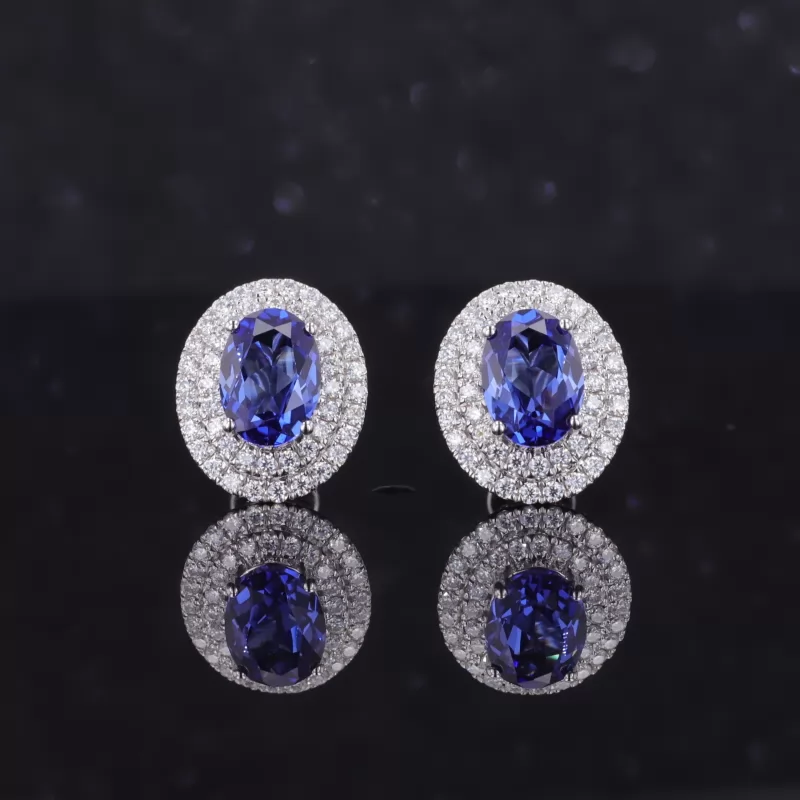 5×7mm Oval Cut Lab Grown Sapphire Halo Set 10K White Gold Diamond Stud Earrings