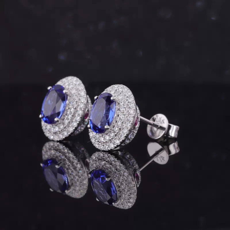 5×7mm Oval Cut Lab Grown Sapphire Halo Set 10K White Gold Diamond Stud Earrings