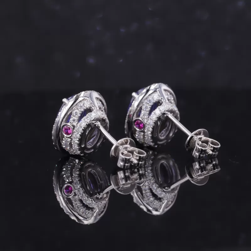 5×7mm Oval Cut Lab Grown Sapphire Halo Set 10K White Gold Diamond Stud Earrings