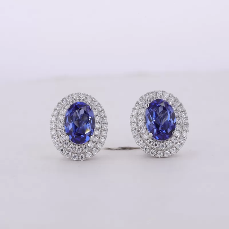 5×7mm Oval Cut Lab Grown Sapphire Halo Set 10K White Gold Diamond Stud Earrings