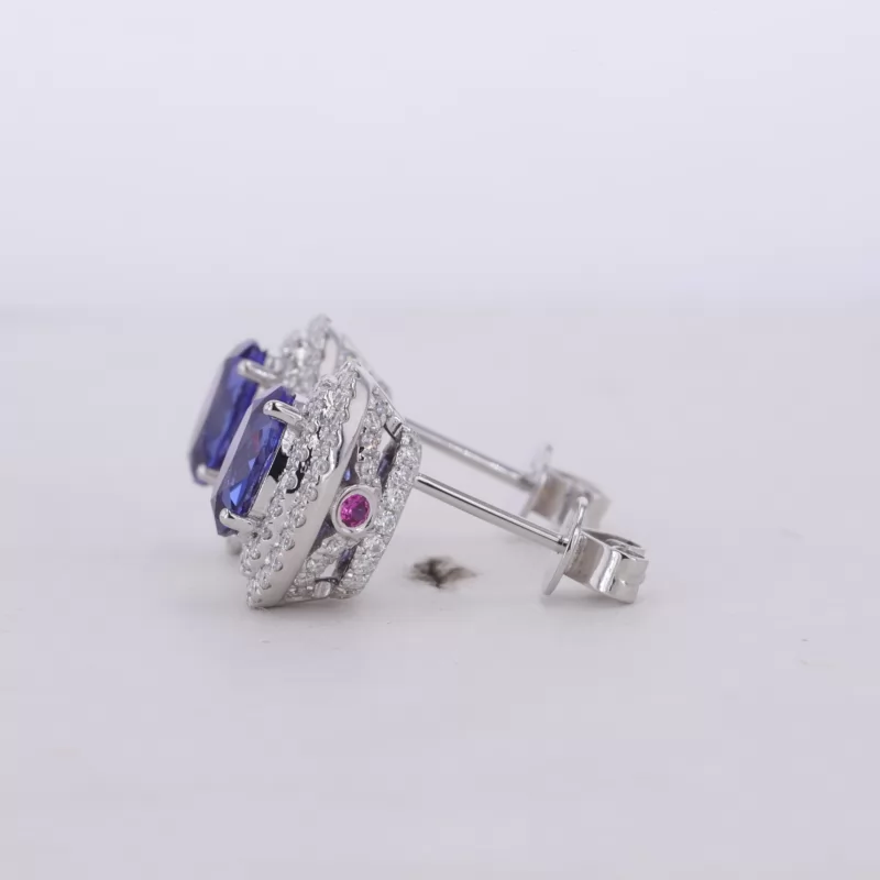 5×7mm Oval Cut Lab Grown Sapphire Halo Set 10K White Gold Diamond Stud Earrings