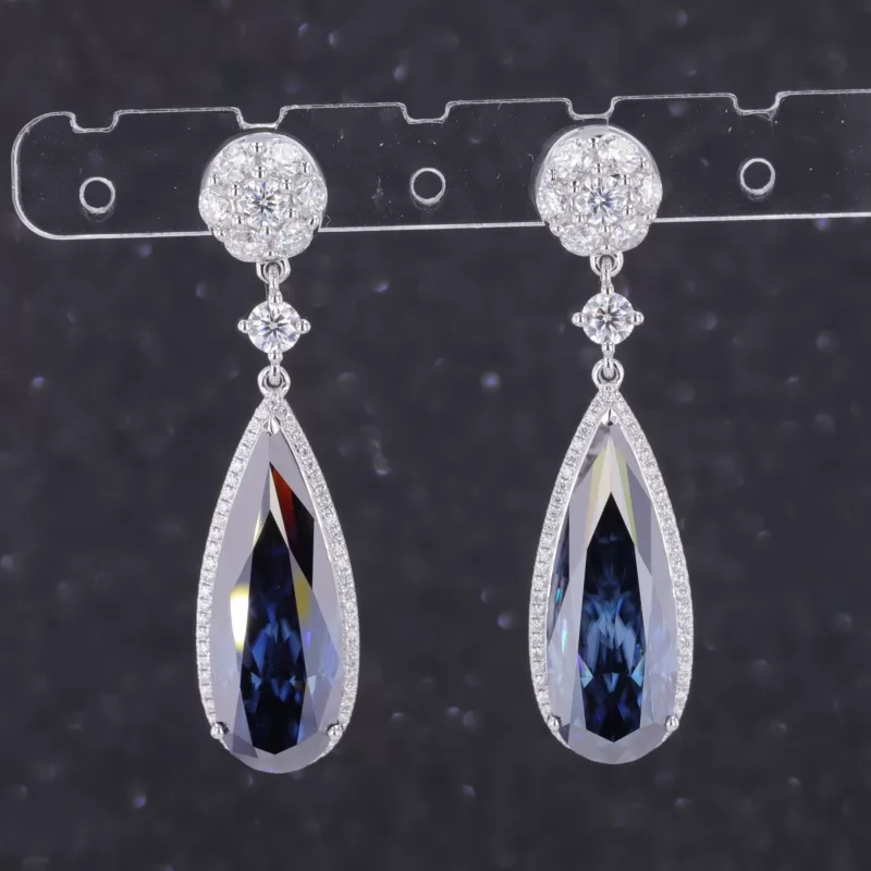 8×22mm Pear Cut Lab Grown Sapphire 10K White Gold Diamond Earrings