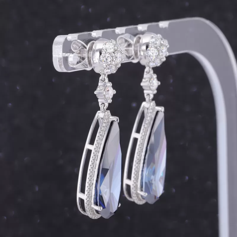 8×22mm Pear Cut Blue Moissanite 10K White Gold Diamond Earrings