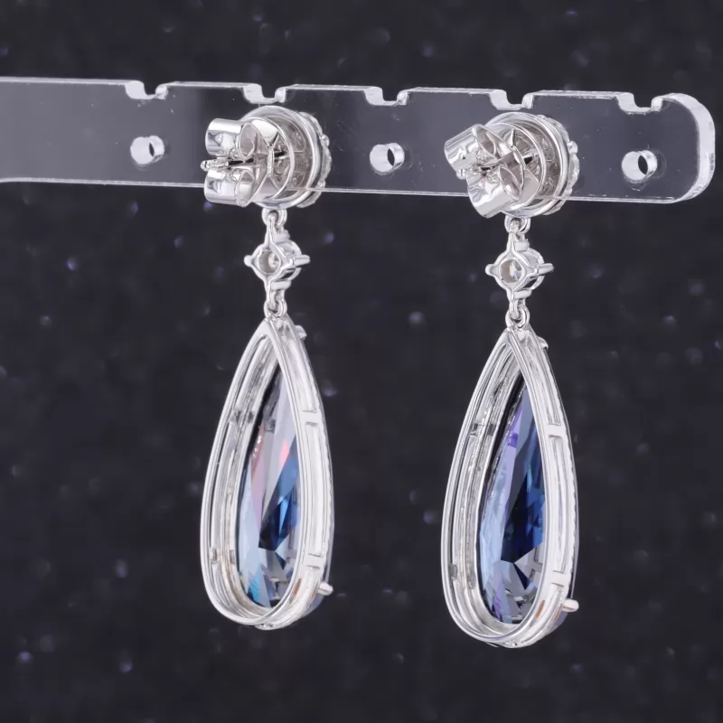 8×22mm Pear Cut Lab Grown Sapphire 10K White Gold Diamond Earrings