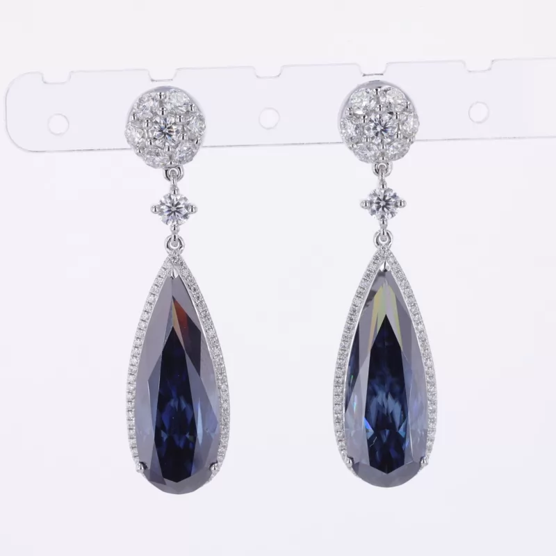 8×22mm Pear Cut Lab Grown Sapphire 10K White Gold Diamond Earrings