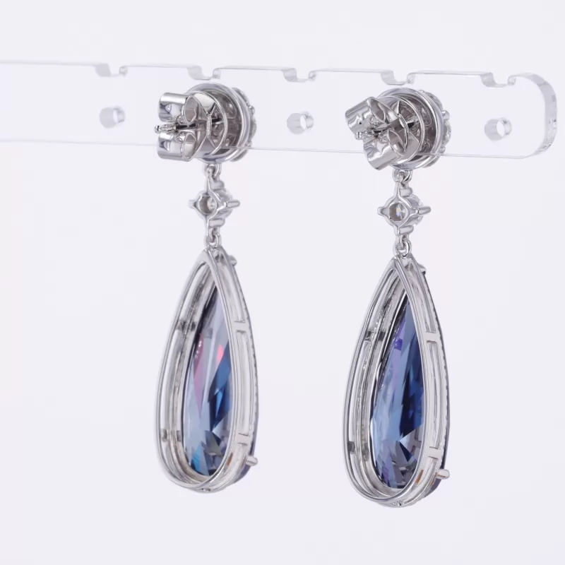 8×22mm Pear Cut Lab Grown Sapphire 10K White Gold Diamond Earrings