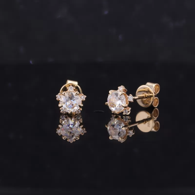 4mm Round Shape Single Rose Cut Moissanite 14K Yellow Gold Diamond Stud Earrings