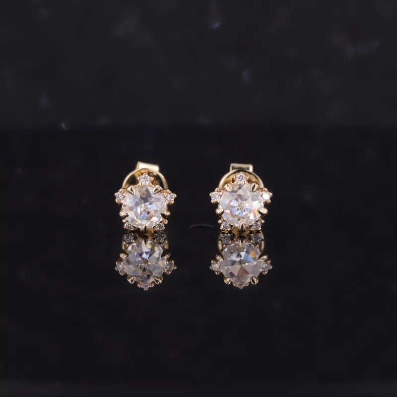 4mm Round Shape Single Rose Cut Moissanite 14K Yellow Gold Diamond Stud Earrings