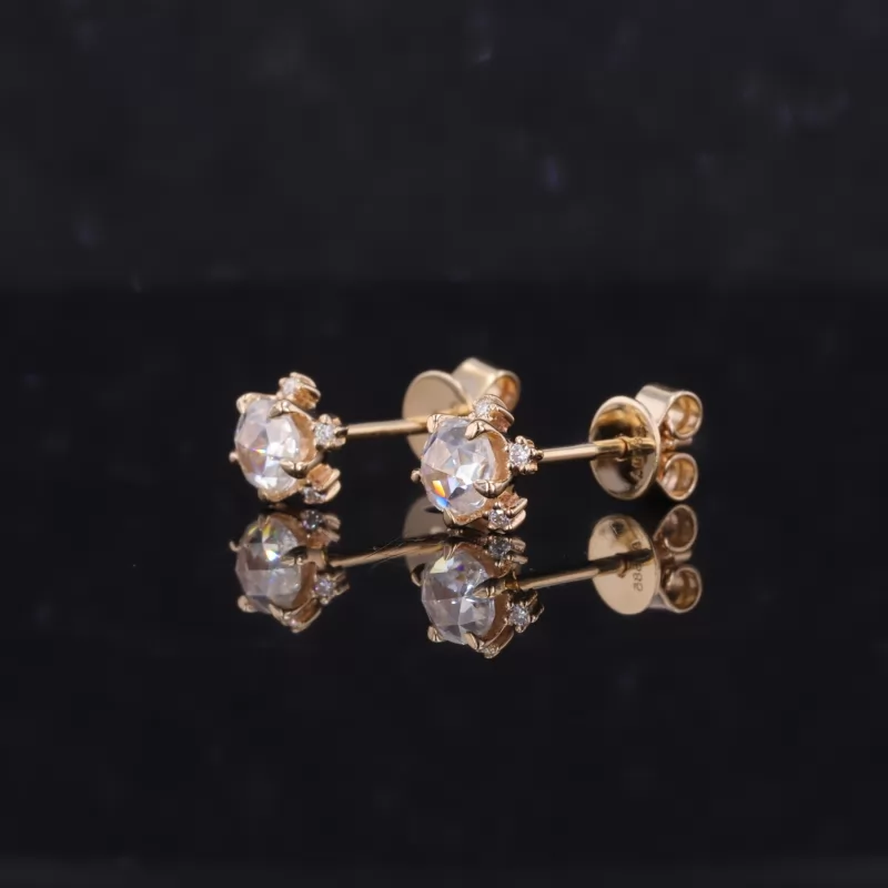 4mm Round Shape Single Rose Cut Moissanite 14K Yellow Gold Diamond Stud Earrings