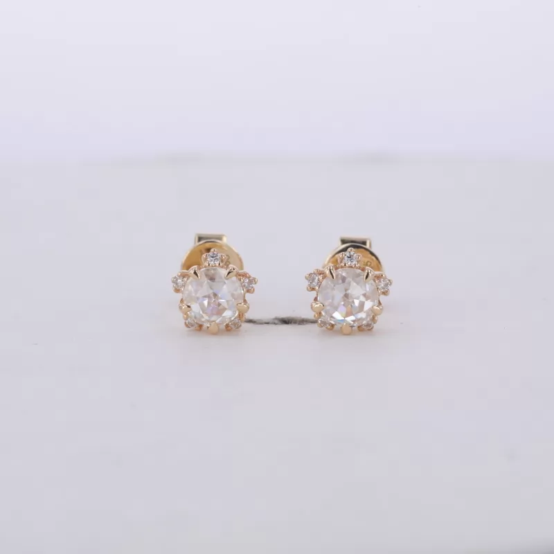 4mm Round Shape Single Rose Cut Moissanite 14K Yellow Gold Diamond Stud Earrings