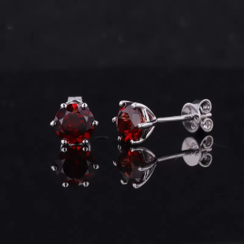 6mm Round Brilliant Cut Lab Grown Ruby S925 Sterling Silver Diamond Stud Earrings