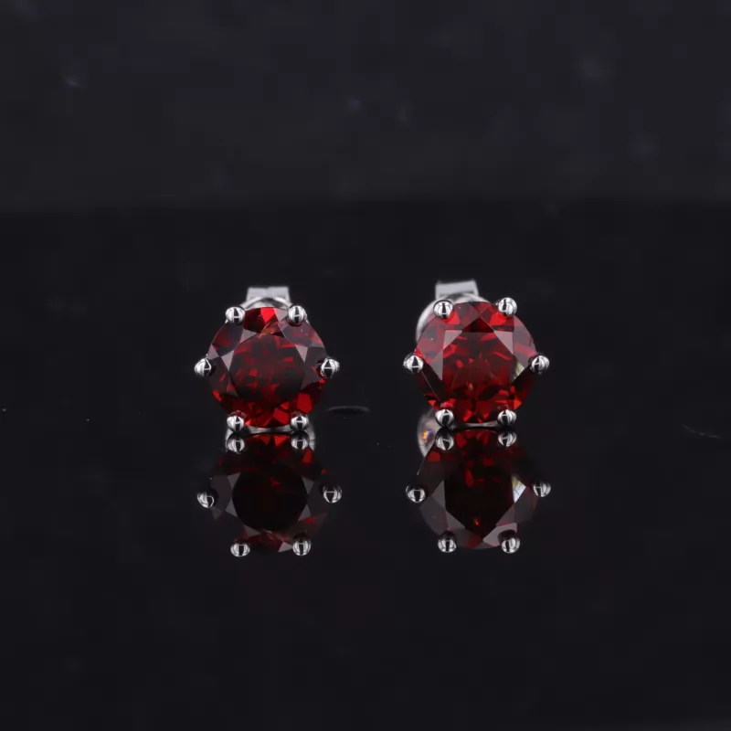 6mm Round Brilliant Cut Lab Grown Ruby S925 Sterling Silver Diamond Stud Earrings