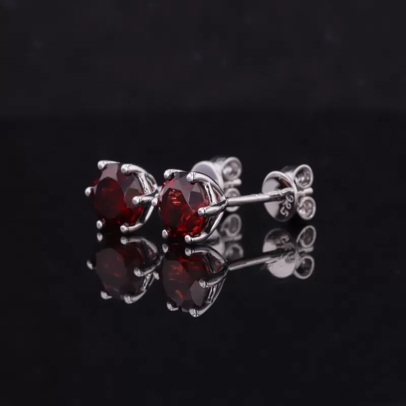 6mm Round Brilliant Cut Lab Grown Ruby S925 Sterling Silver Diamond Stud Earrings
