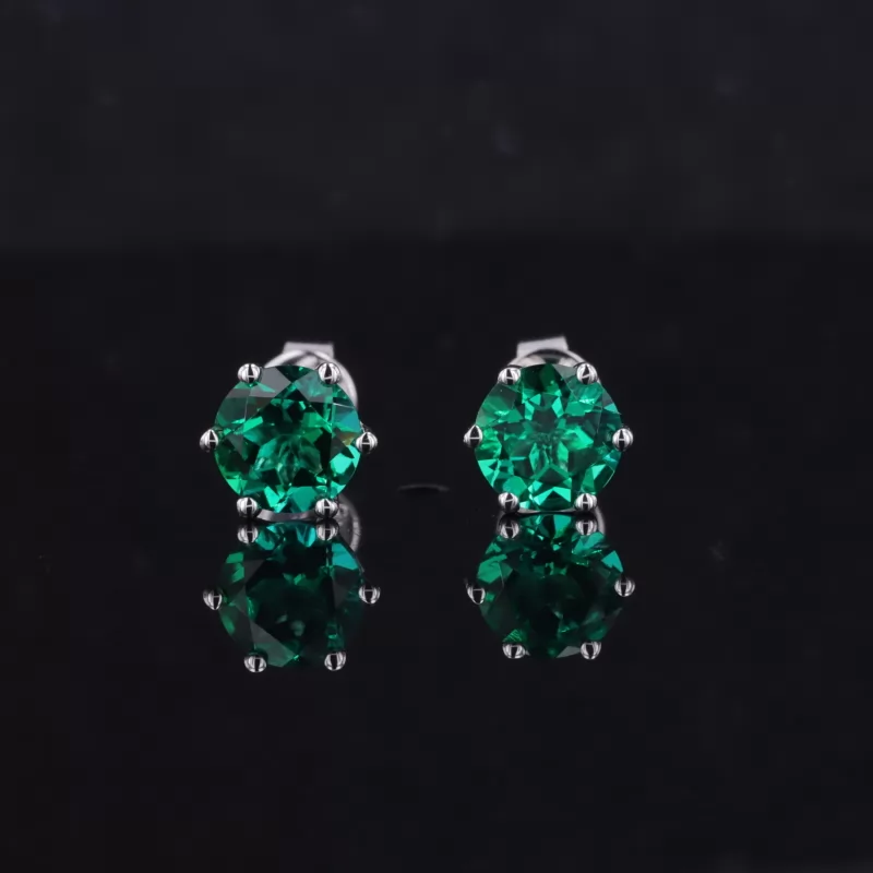 6mm Round Brilliant Cut Lab Grown Emerald S925 Sterling Silver Diamond Stud Earrings