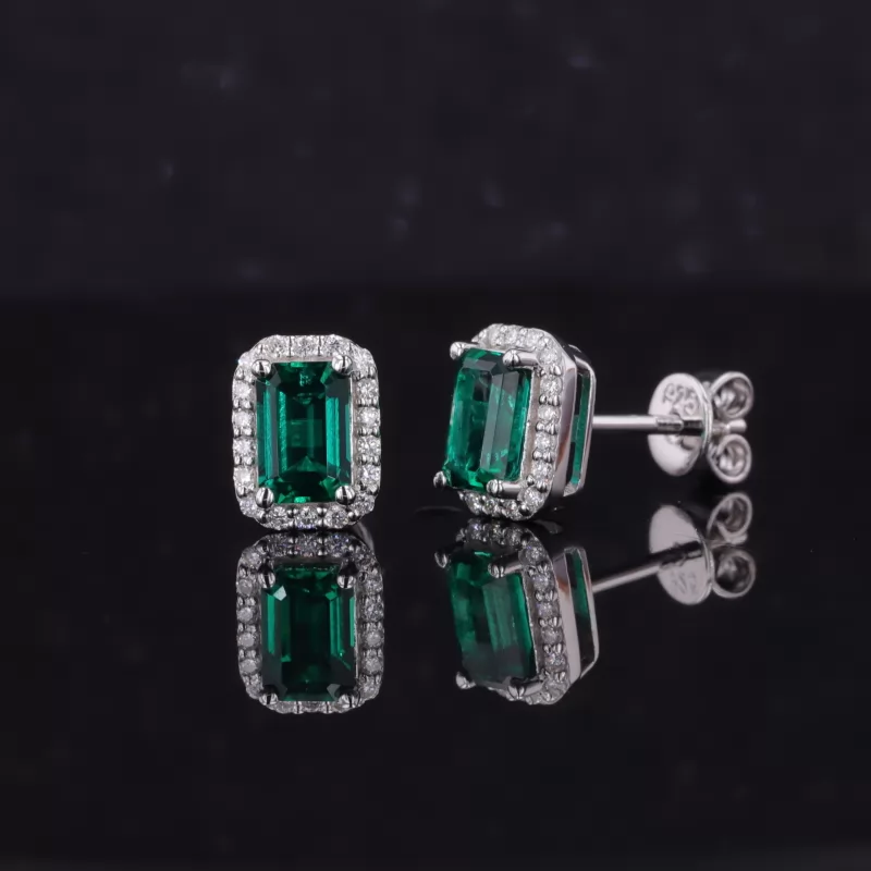 4×6mm Octagon Emerald Cut Lab Grown Emerald Halo Set S925 Sterling Silver Diamond Stud Earrings