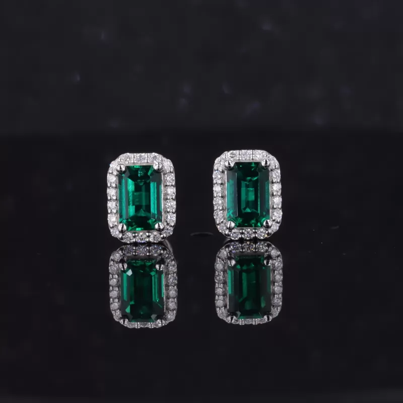 4×6mm Octagon Emerald Cut Lab Grown Emerald Halo Set S925 Sterling Silver Diamond Stud Earrings