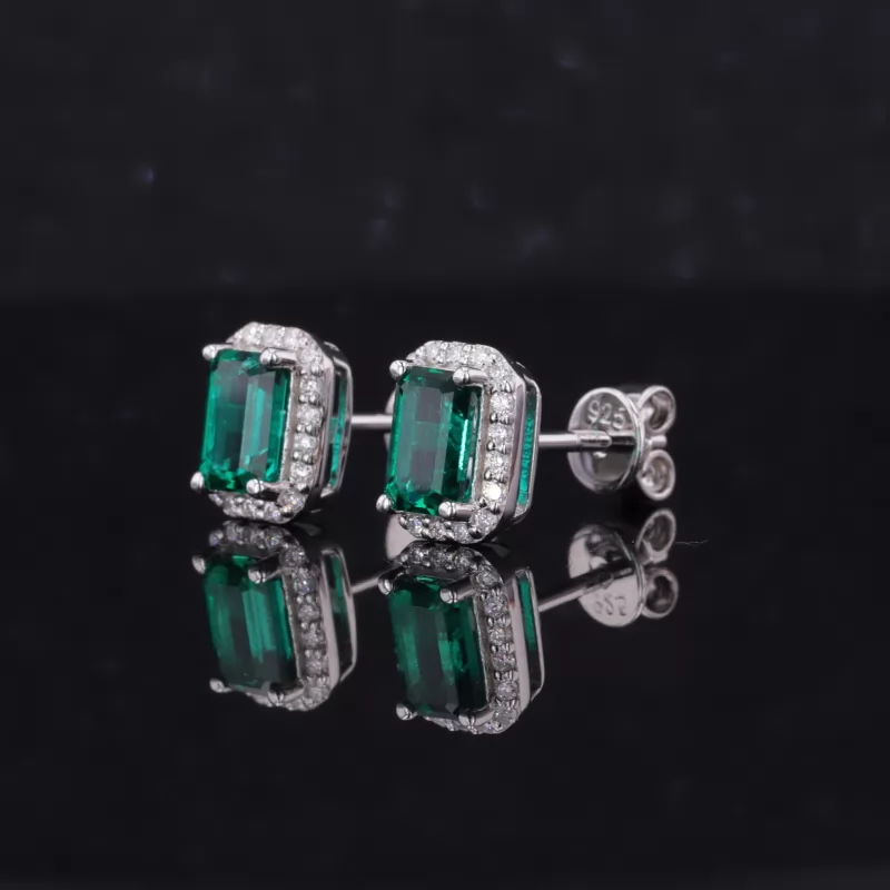 4×6mm Octagon Emerald Cut Lab Grown Emerald Halo Set S925 Sterling Silver Diamond Stud Earrings