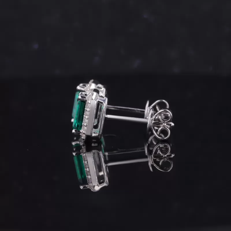 4×6mm Octagon Emerald Cut Lab Grown Emerald Halo Set S925 Sterling Silver Diamond Stud Earrings