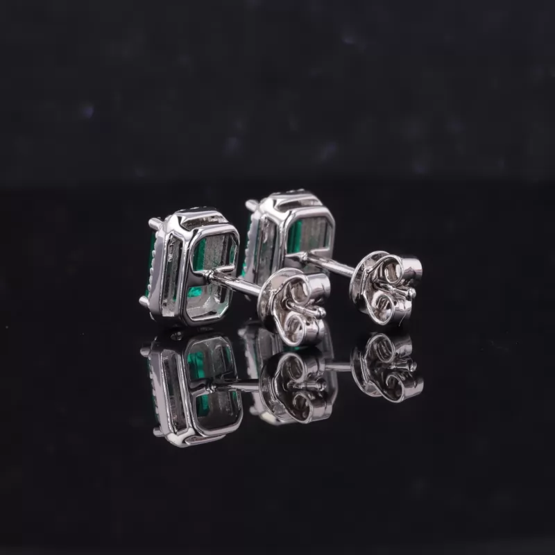 4×6mm Octagon Emerald Cut Lab Grown Emerald Halo Set S925 Sterling Silver Diamond Stud Earrings