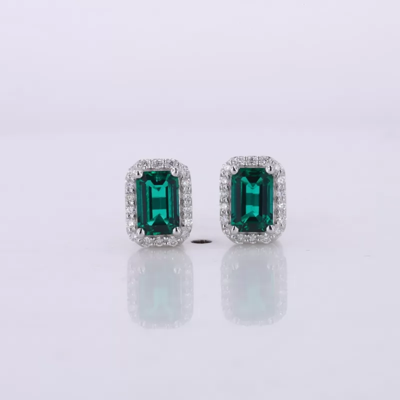 4×6mm Octagon Emerald Cut Lab Grown Emerald Halo Set S925 Sterling Silver Diamond Stud Earrings