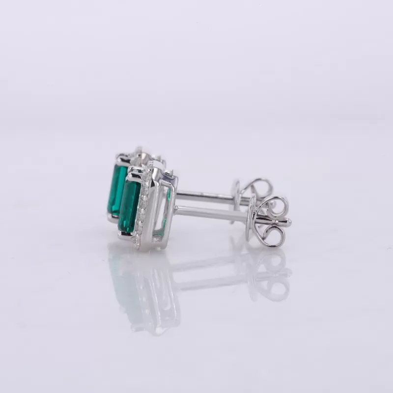 4×6mm Octagon Emerald Cut Lab Grown Emerald Halo Set S925 Sterling Silver Diamond Stud Earrings