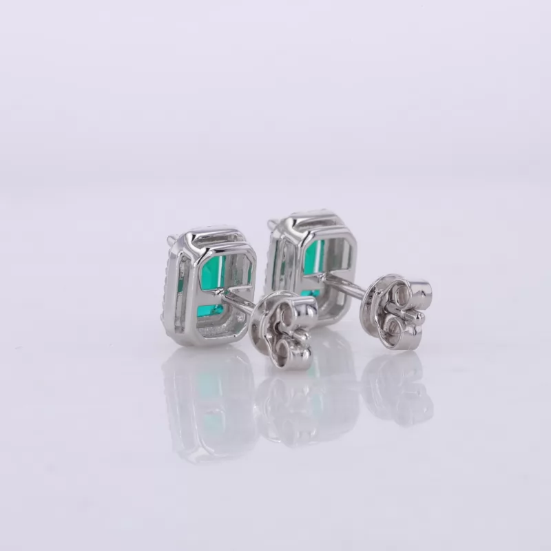 4×6mm Octagon Emerald Cut Lab Grown Emerald Halo Set S925 Sterling Silver Diamond Stud Earrings