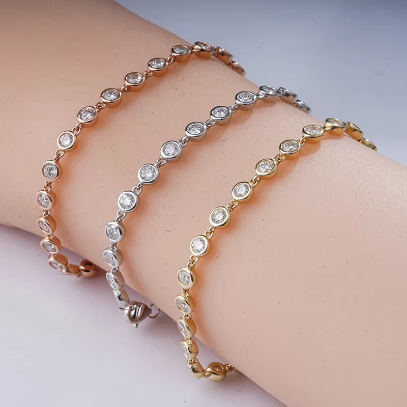 2.8mm Round Brilliant Cut Lab Grown Diamond Bezel Set 14K Gold Tennis Bracelets