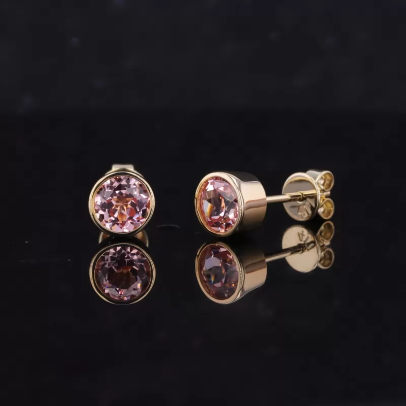 5mm Round Brilliant Cut Lab Grown Padparadscha Pink Sapphire Bezel Set 10K Yellow Gold Diamond Stud Earrings