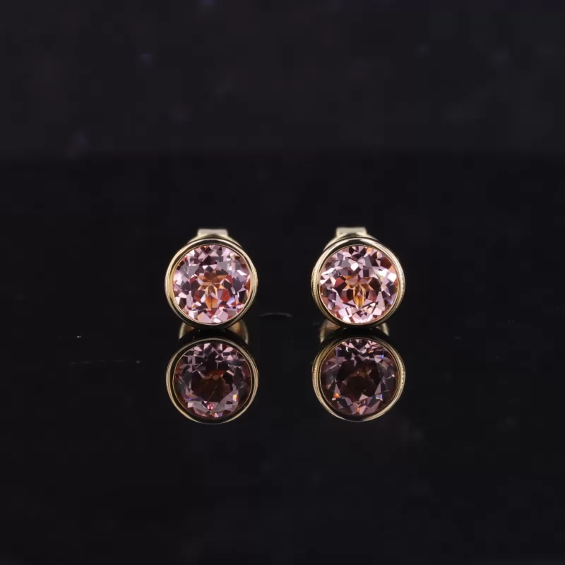 5mm Round Brilliant Cut Lab Grown Padparadscha Pink Sapphire Bezel Set 10K Yellow Gold Diamond Stud Earrings