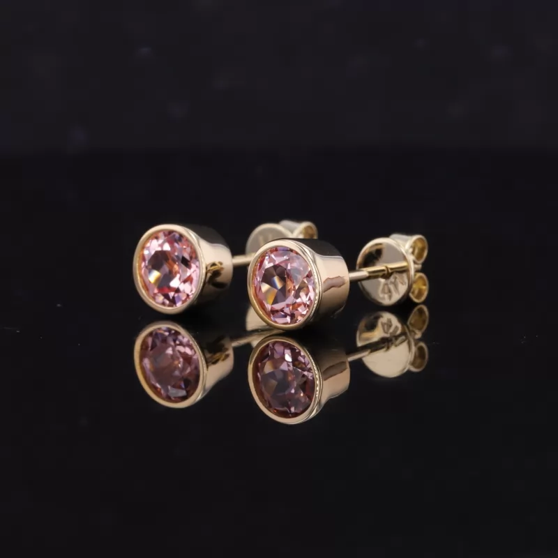 5mm Round Brilliant Cut Lab Grown Padparadscha Pink Sapphire Bezel Set 10K Yellow Gold Diamond Stud Earrings