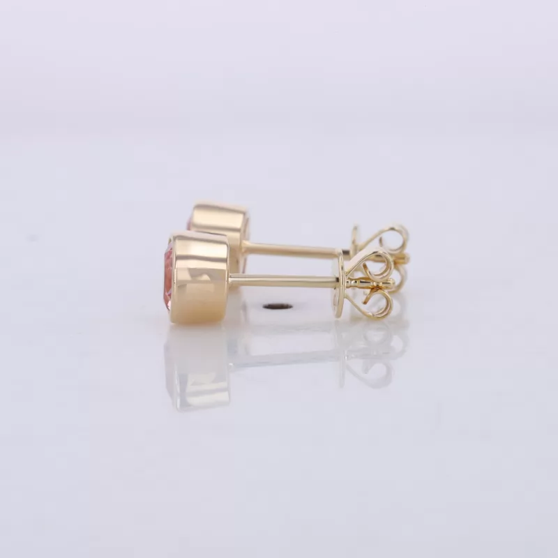 5mm Round Brilliant Cut Lab Grown Padparadscha Pink Sapphire Bezel Set 10K Yellow Gold Diamond Stud Earrings