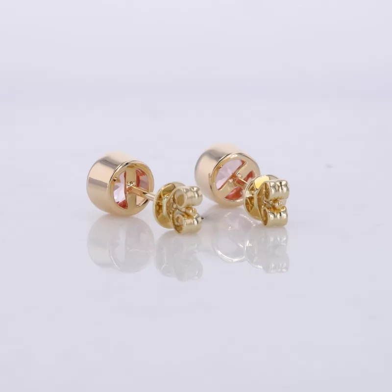 5mm Round Brilliant Cut Lab Grown Padparadscha Pink Sapphire Bezel Set 10K Yellow Gold Diamond Stud Earrings