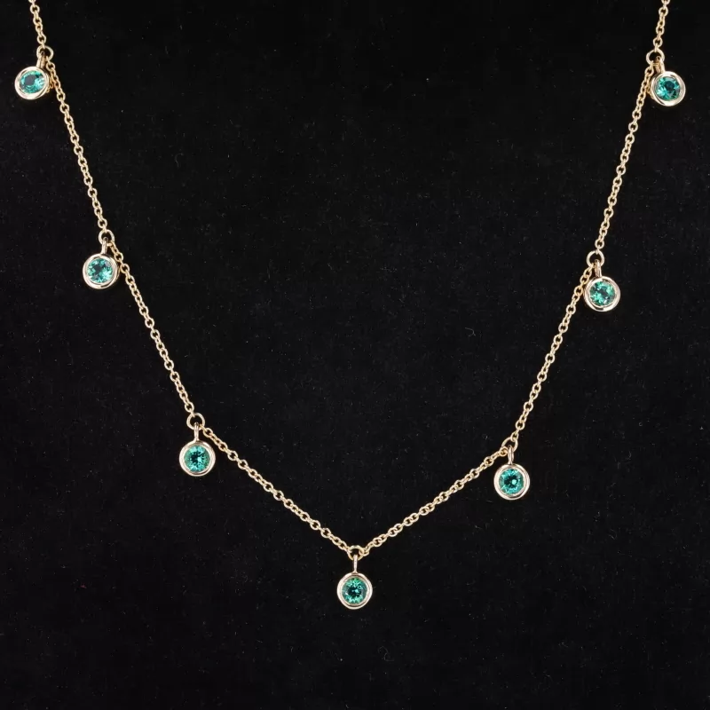 3mm Round Brilliant Cut Lab Grown Emerald Bezel Set 10K Yellow Gold Diamond Pendant Necklace