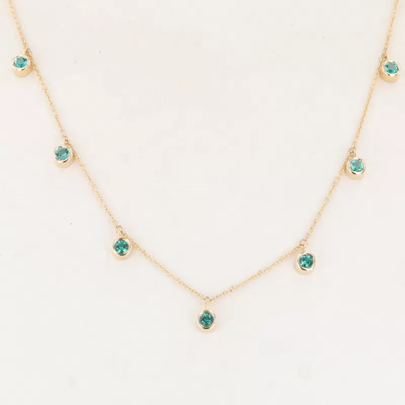 3mm Round Brilliant Cut Lab Grown Emerald Bezel Set 10K Yellow Gold Diamond Pendant Necklace