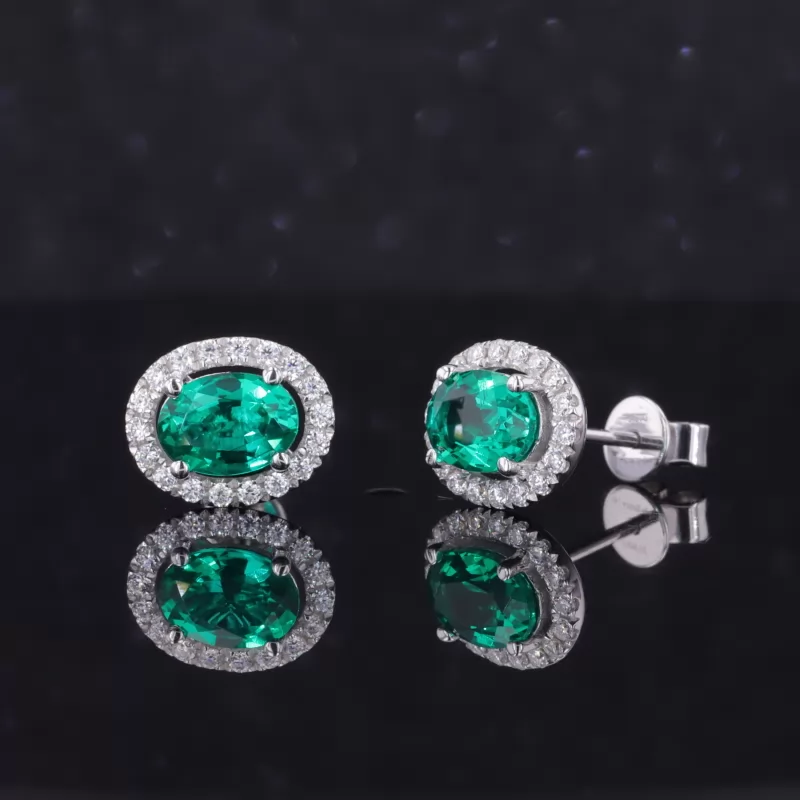 5×7mm Oval Cut Lab Grown Emerald 14K White Gold Diamond Stud Earrings