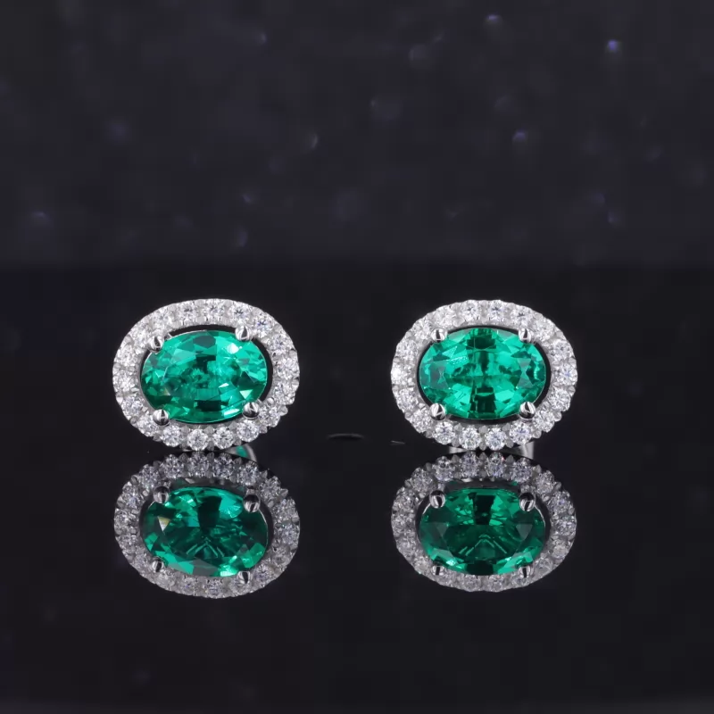 5×7mm Oval Cut Lab Grown Emerald 14K White Gold Diamond Stud Earrings