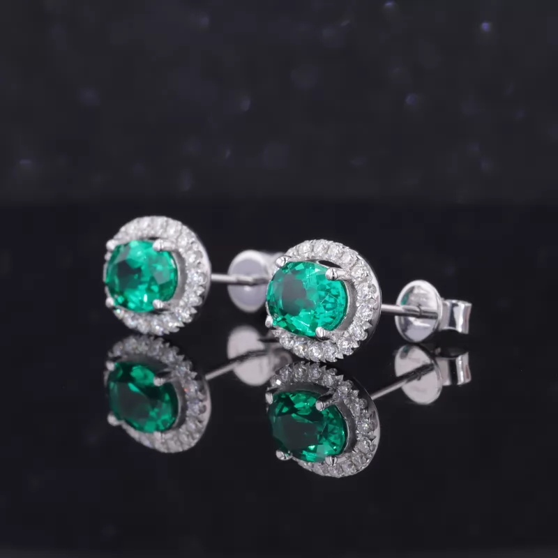 5×7mm Oval Cut Lab Grown Emerald 14K White Gold Diamond Stud Earrings