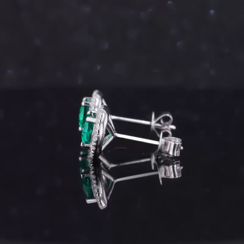 5×7mm Oval Cut Lab Grown Emerald 14K White Gold Diamond Stud Earrings